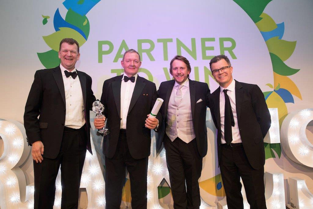 l to r, Brakes CEO Hugo Mahoney, Harrogate Water National Sales Manager Alan Souter, Harrogate Water CEO James Cain, comedian and awards MC Dominic Holland