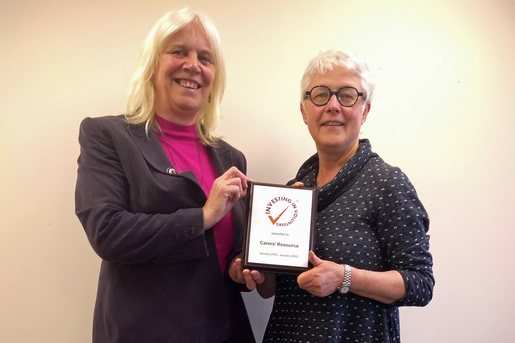 chief executive Chris Whiley, left, and chair of trustees Liz Jones with the organisation’s Investing in Volunteers certificate