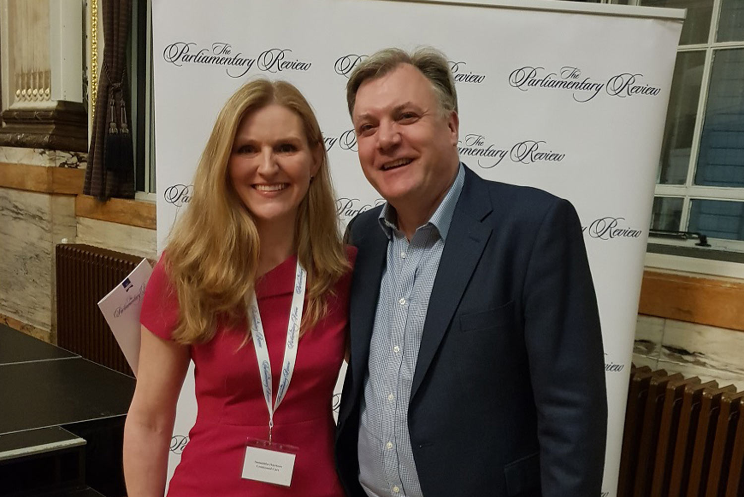 Continued Care’s director Samantha Harrison with former Labour MP Ed Balls at the gala reception for The Parliamentary Review