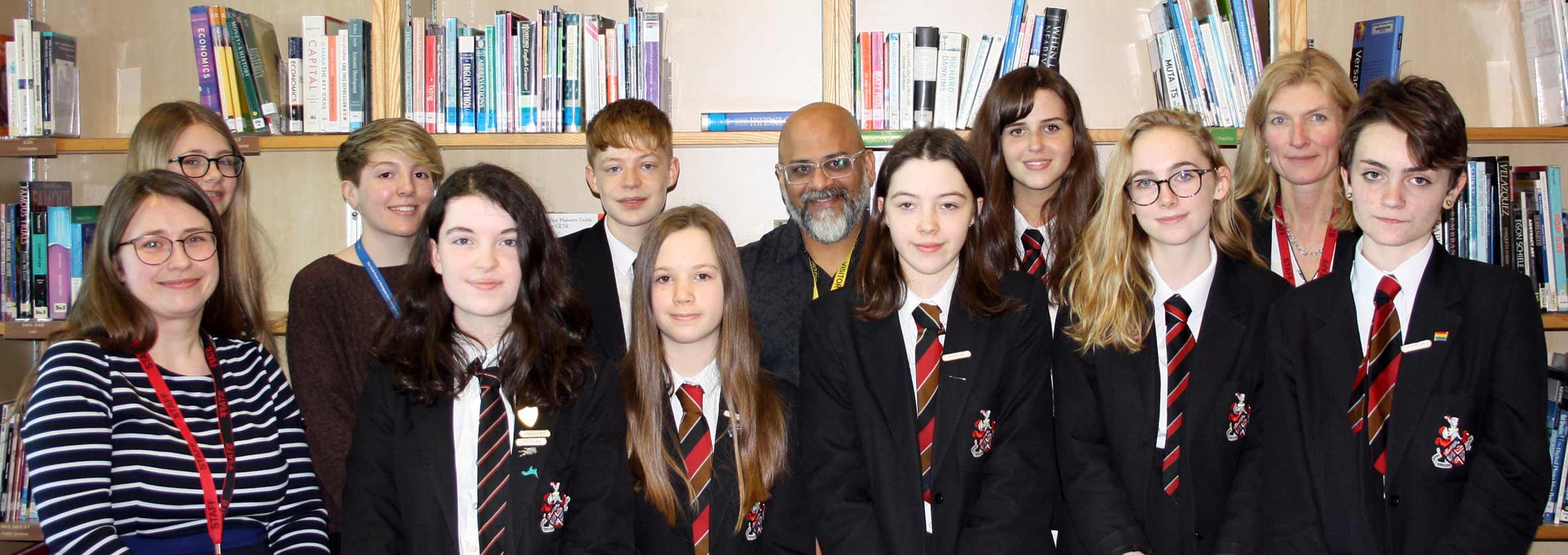 Front row, left to right: Dr Compton, Hannah Rowe, Mariella Ploix, Holly Brayshay, Lucy Kilner, Sophie WattsBack row, left to right: Amelie Davies, Caitlin Daly, Oscar Dunn, Dr Hussain, Harriet Longley, Mrs Smith