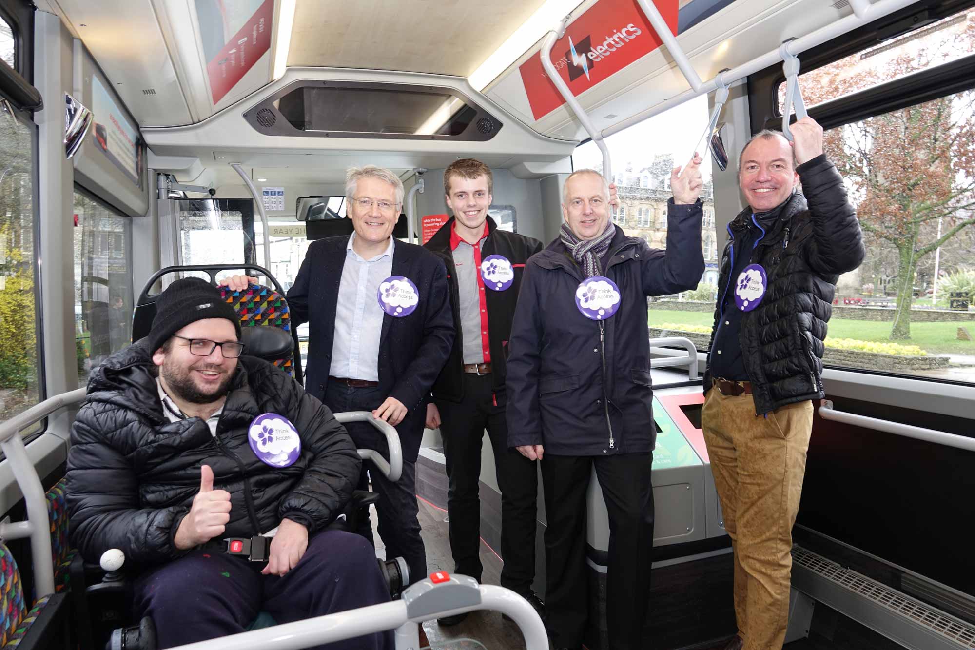 Disability Action Yorkshire customer Darren Asquith, MP Andrew Jones, Transdev service delivery manager Andy Turnbull, Disability Action Yorkshire chairman Neil Revely and Harrogate Borough Council leader Richard Cooper