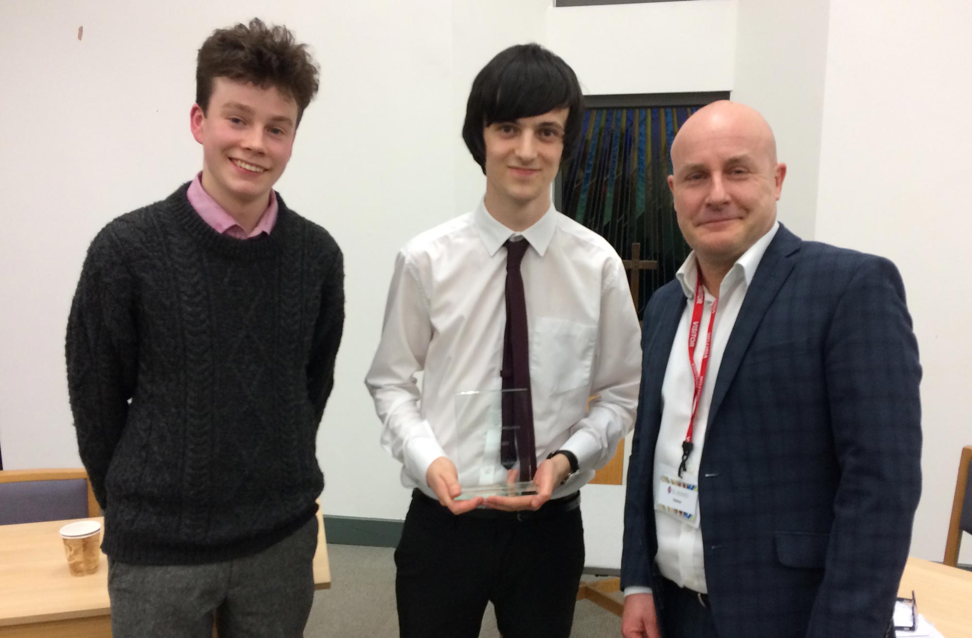 Owen Spafford (left), Frankie Ryan-Casey (centre) with chair of judges Duncan Partridge