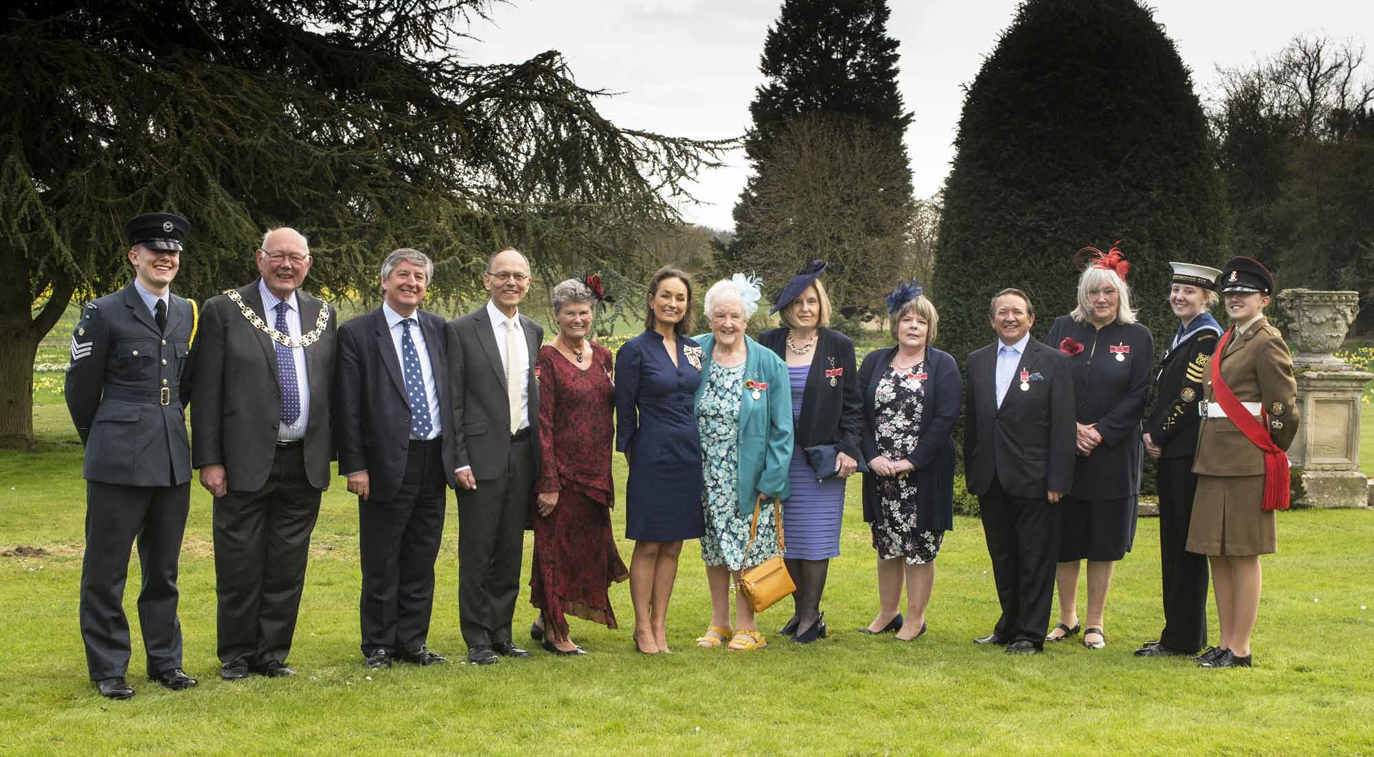 Cadet Flight Sergeant Harry East, Chair of North Yorkshire County Council Cllr Robert Windass, Vice Lord-Lieutenant Peter Scrope, Malcolm Margolis BEM, Joy Hudson BEM, Lord-Lieutenant Johanna Ropner, Pamela Morgan BEM, Patricia McBride BEM, Ann Lear BEM, Reverend Timothy Hurren BEM, Gillian Birks BEM, Leading Cadet Lydia Crampton and Cadet Sergeant Daniella Recchia