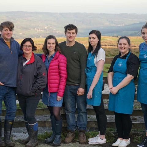 L-R) Steven McArdle, Chris Prince, Caroline Prince, Lindsay Chapman, Martin Prince, Ellie Cook, Anna Prince, Lucy Staveley, Robert Copley: Lindsay Chapman visits a family who are struggling to keep their farm afloat. Chris and Caroline Prince farm in Pately Bridge and have opened a café to diversify however it hasn’t all gone to plan. Farmer Robert Copley who was in a similar situation to the Prince's visits them to give them some advice in hope to save the farm and business. Toft Gate Farm, Pateley Bridge. Pic credit: Daisybeck Studios