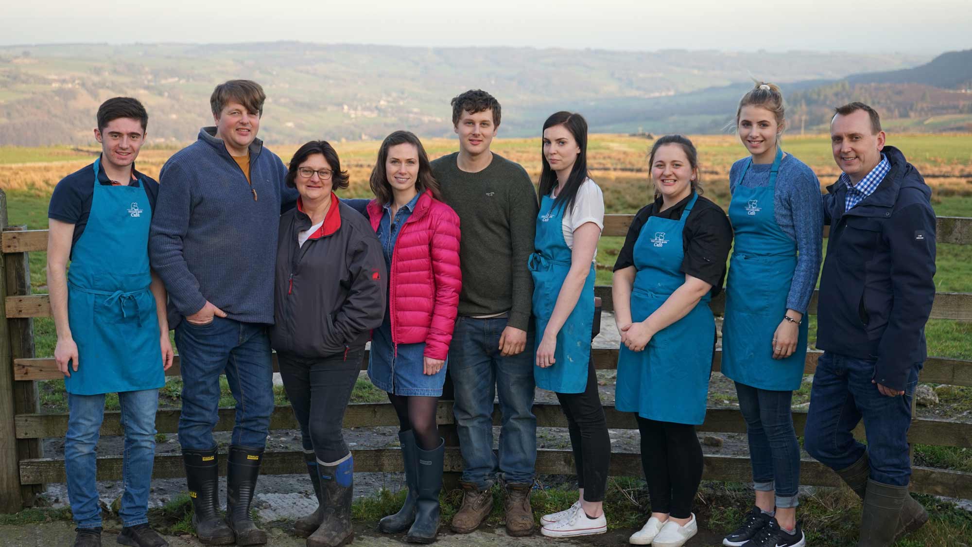 L-R) Steven McArdle, Chris Prince, Caroline Prince, Lindsay Chapman, Martin Prince, Ellie Cook, Anna Prince, Lucy Staveley, Robert Copley: Lindsay Chapman visits a family who are struggling to keep their farm afloat. Chris and Caroline Prince farm in Pately Bridge and have opened a café to diversify however it hasn’t all gone to plan. Farmer Robert Copley who was in a similar situation to the Prince's visits them to give them some advice in hope to save the farm and business. Toft Gate Farm, Pateley Bridge. Pic credit: Daisybeck Studios