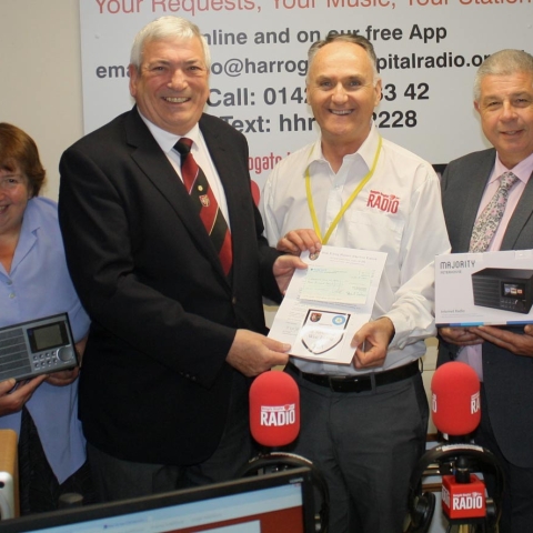 Doug Mills, Freemason; Ellie Jackson, Harrogate Hospital Radio; John Birkenshaw, Freemason; Mark Oldfield, Harrogate Hospital Radio; Nigel Glew, Freemason; and Michael Baxter, Freemason