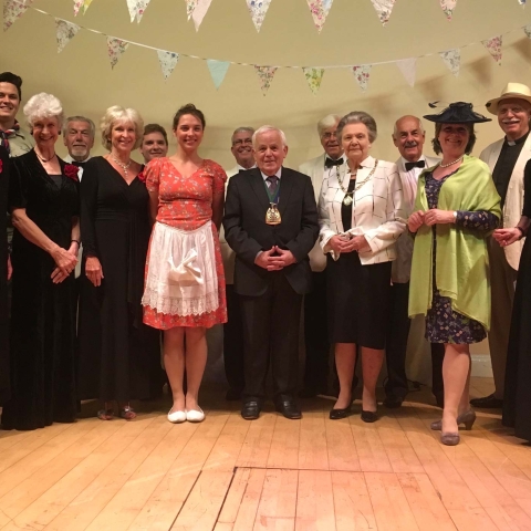 Cllr Jim Clark, centre, joins cast members of Harrogate Dramatic Society’s Let Us Entertain You on stage at Spofforth Long Memorial Hall