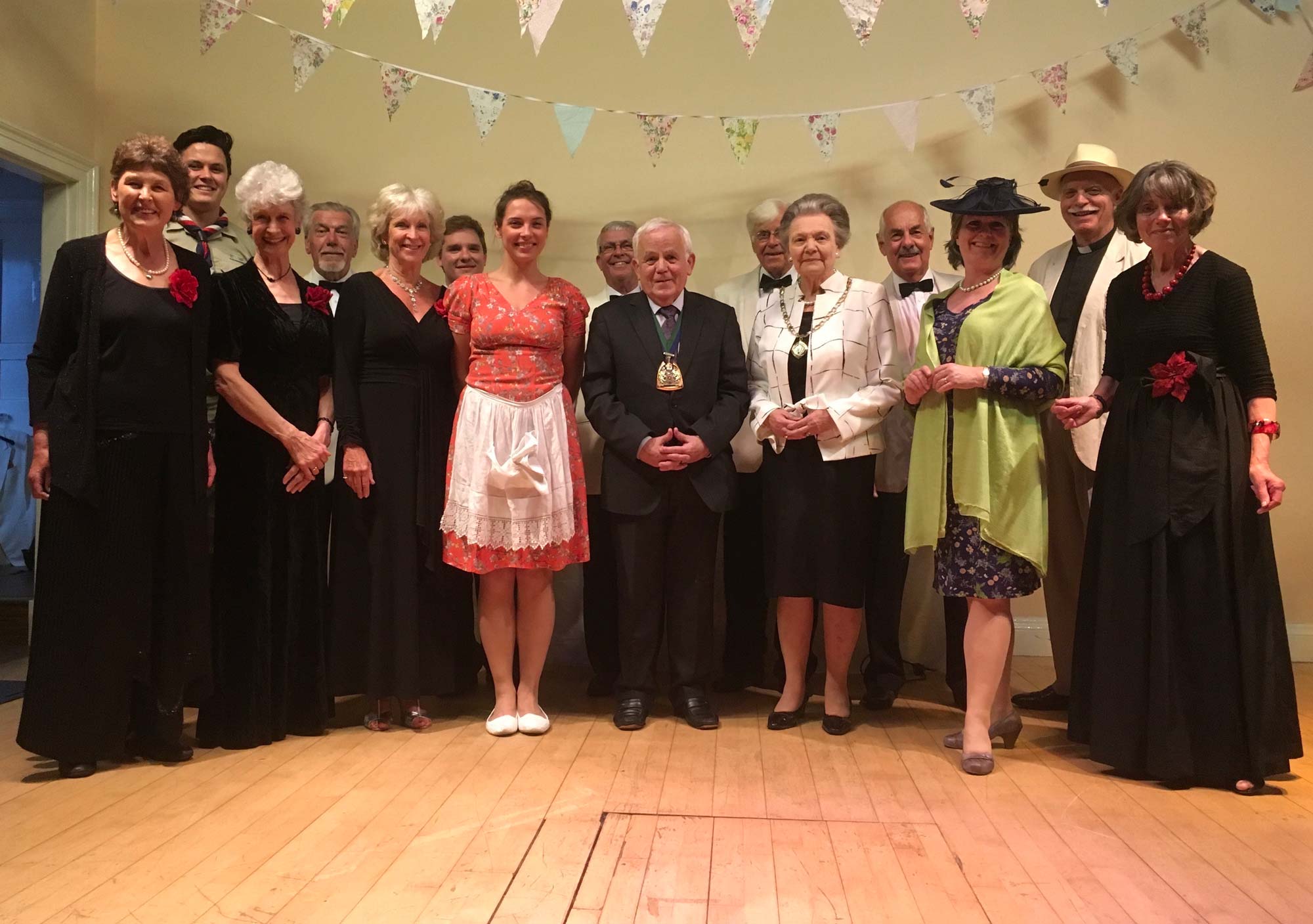 Cllr Jim Clark, centre, joins cast members of Harrogate Dramatic Society’s Let Us Entertain You on stage at Spofforth Long Memorial Hall