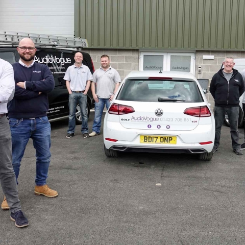 Andy Wyatt, Peter Hudspeth and the AudioVogue team outside their new head office