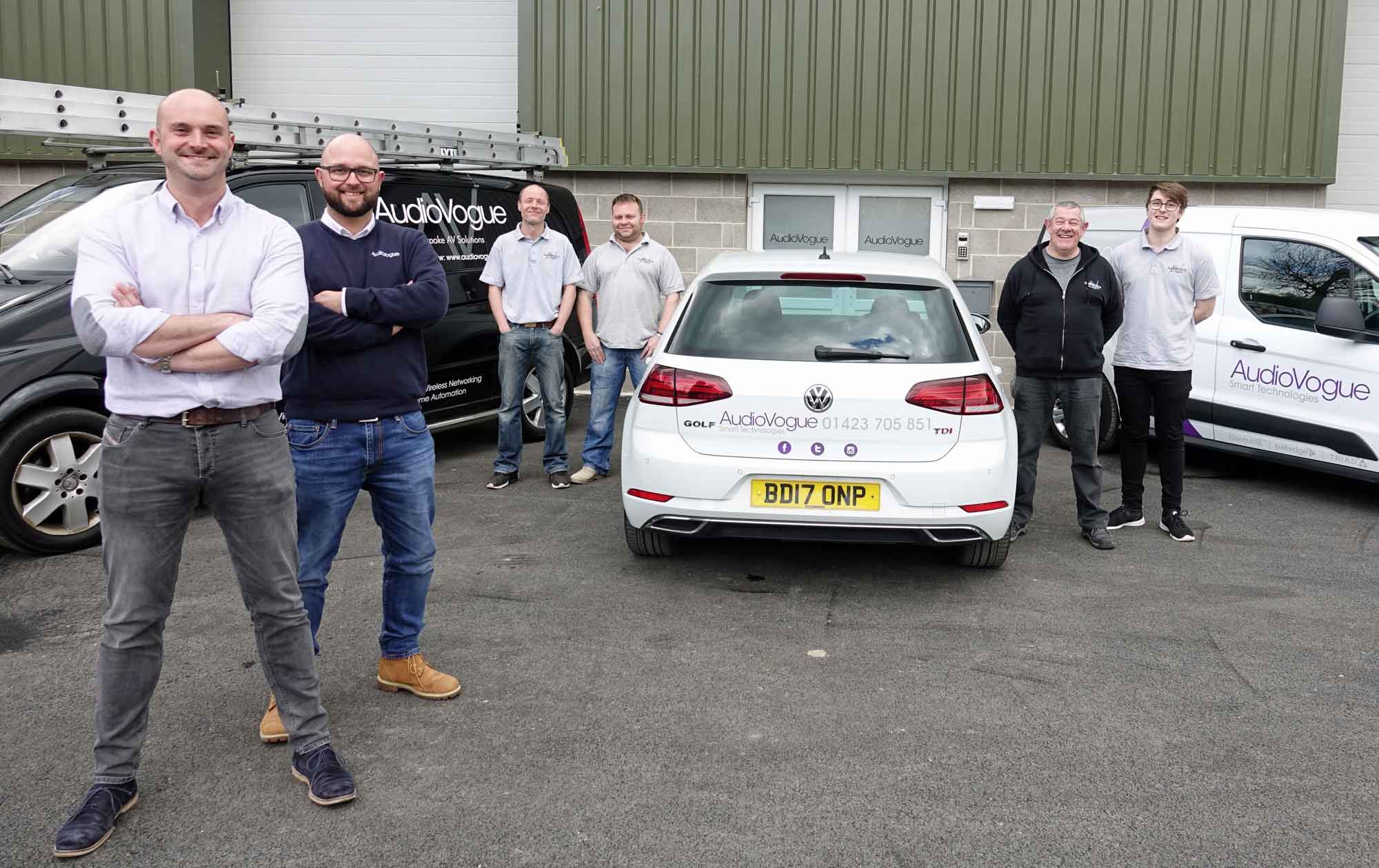 Andy Wyatt, Peter Hudspeth and the AudioVogue team outside their new head office