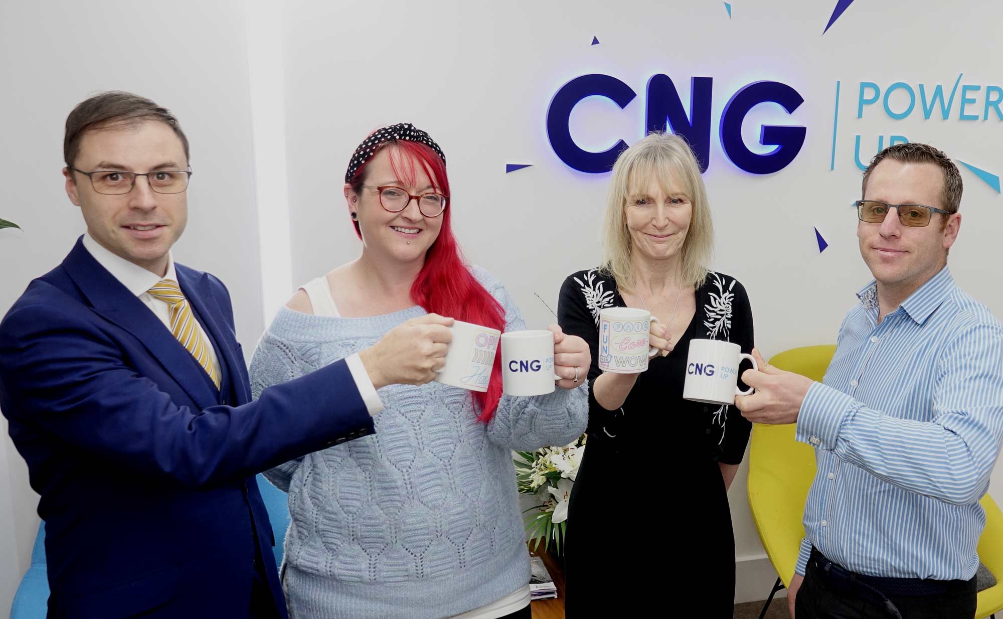 Coffee Mates! Pictured from left are David Ashton-Jones, Disability Action Yorkshire’s operations manager; Laura Claringbold, CNG’s energy trading manager; Jackie Snape, Disability Action Yorkshire’s chief executive; and David Skeet, CNG’s customer liaison co-ordinator