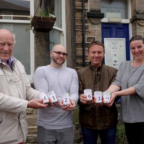 Grateful Support! Pictured from left are Harrogate Homeless Project chairman John Harris, Harlow Lodge master Leigh Eyles, Harlow Lodge immediate past master Andrew Simister, and Harrogate Homeless Project CEO Liz