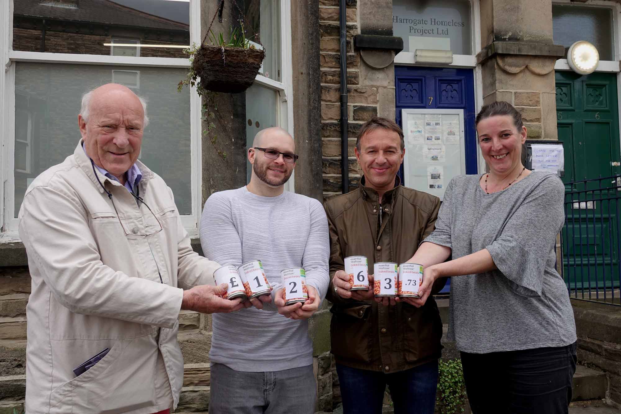 Grateful Support! Pictured from left are Harrogate Homeless Project chairman John Harris, Harlow Lodge master Leigh Eyles, Harlow Lodge immediate past master Andrew Simister, and Harrogate Homeless Project CEO Liz