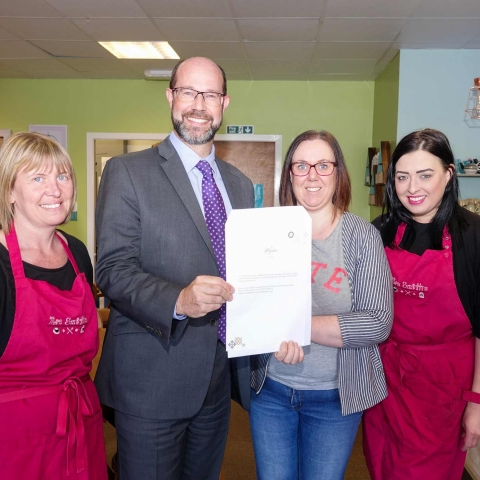 Yorkshire Spa Treat! Pictured with Matthew Hole, Majestic Hotel general manager and Mrs Smith’s cafe owner, Phillipa Smith – both holding the spa day invitation - are Lucy Hawkins and Teresa Bryan