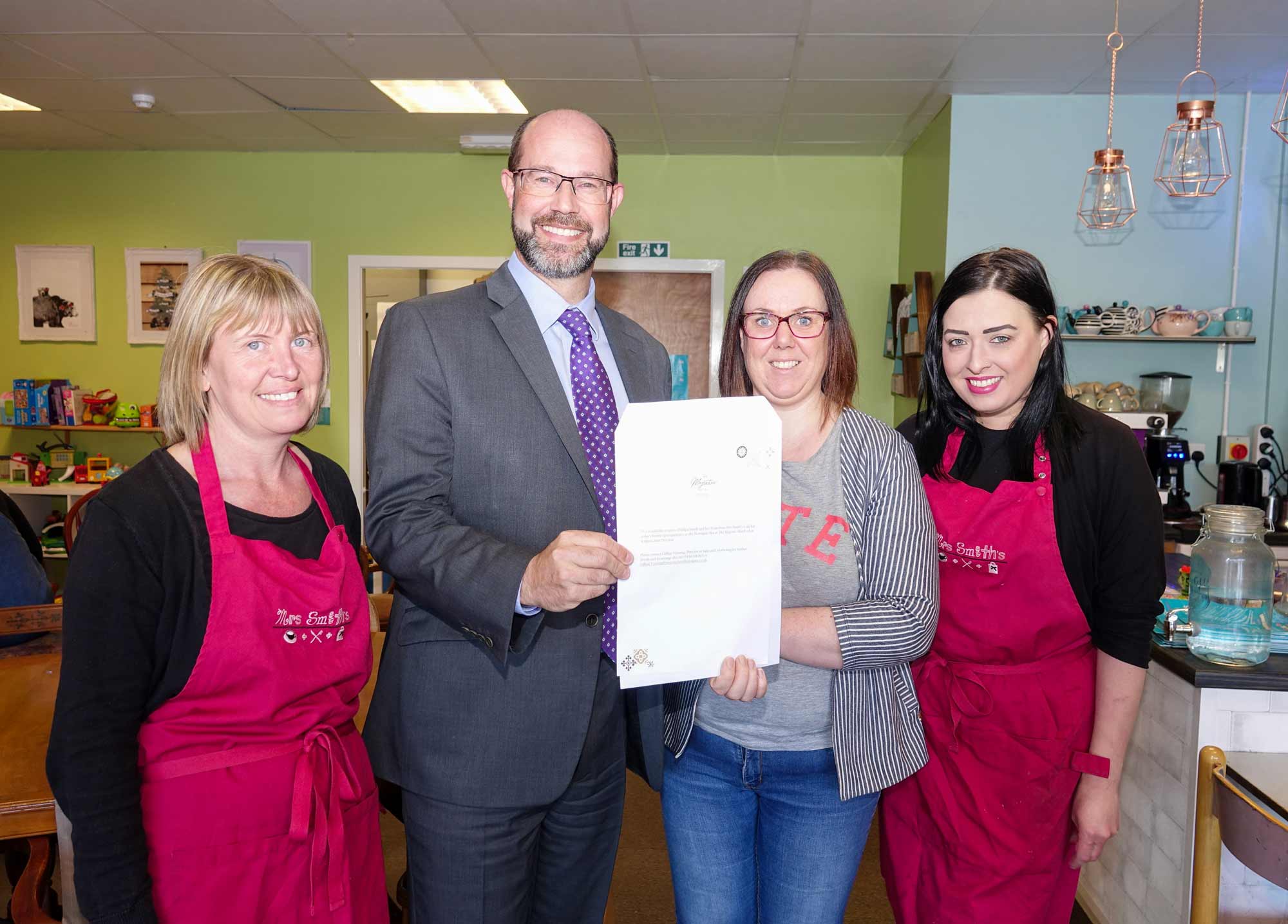 Yorkshire Spa Treat! Pictured with Matthew Hole, Majestic Hotel general manager and Mrs Smith’s cafe owner, Phillipa Smith – both holding the spa day invitation - are Lucy Hawkins and Teresa Bryan