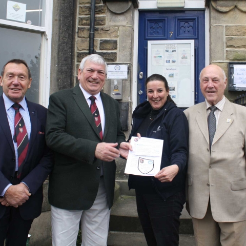 Michael Baxter (Harrogate & Claro Lodge), John Birkenshaw (Charity Steward, Harrogate & Claro Lodge & Assistant Provincial Charity Steward), Liz Hancock (Chief Executive, Harrogate Homeless Project Ltd), Doug Mills (Area 3 Provincial Charity Steward)