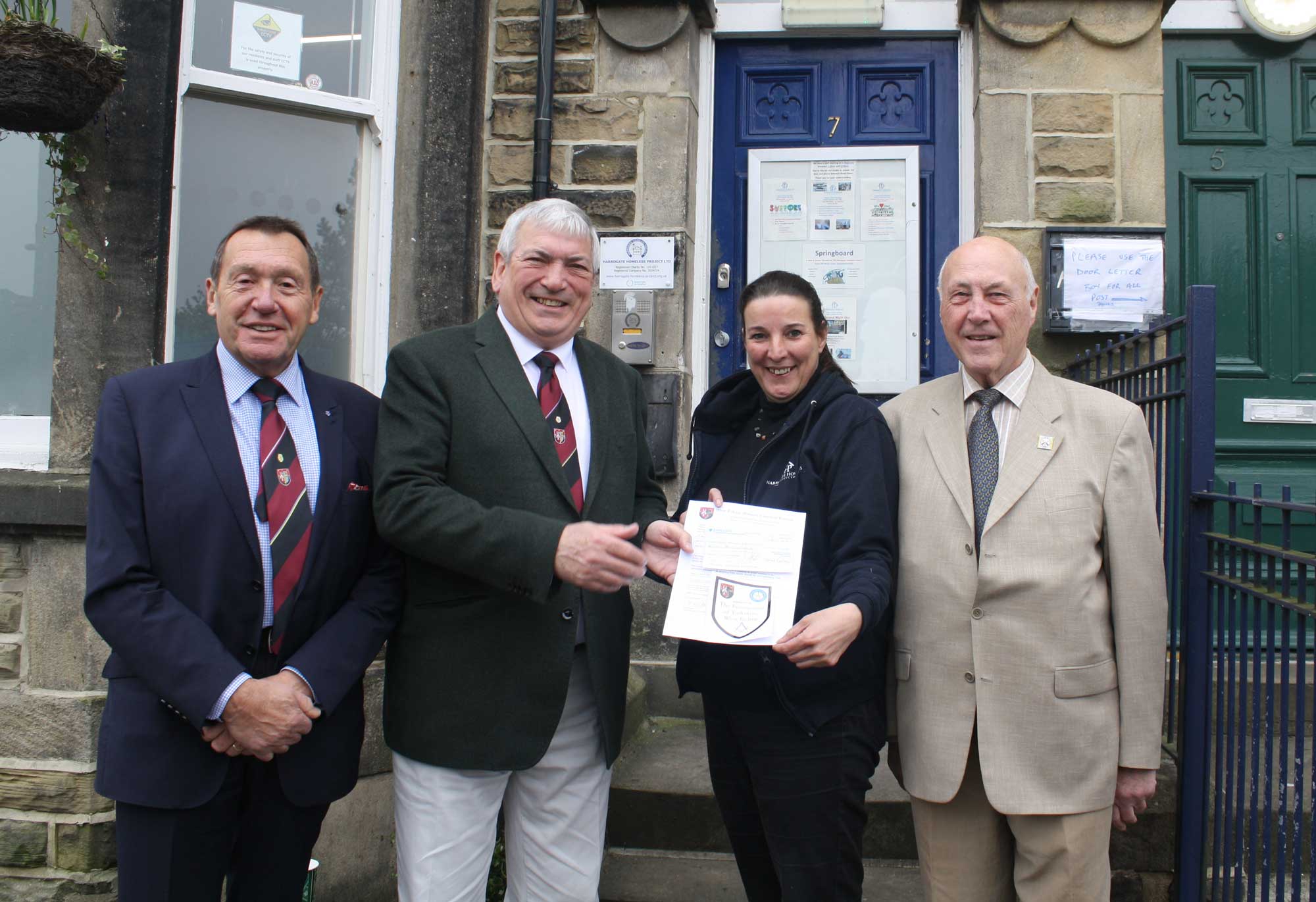 Michael Baxter (Harrogate & Claro Lodge), John Birkenshaw (Charity Steward, Harrogate & Claro Lodge & Assistant Provincial Charity Steward), Liz Hancock (Chief Executive, Harrogate Homeless Project Ltd), Doug Mills (Area 3 Provincial Charity Steward)