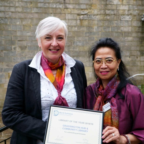 Grassington Hub and Community Library was awarded the library of the year with Ingrid Baggaley and Elshinta Marsden