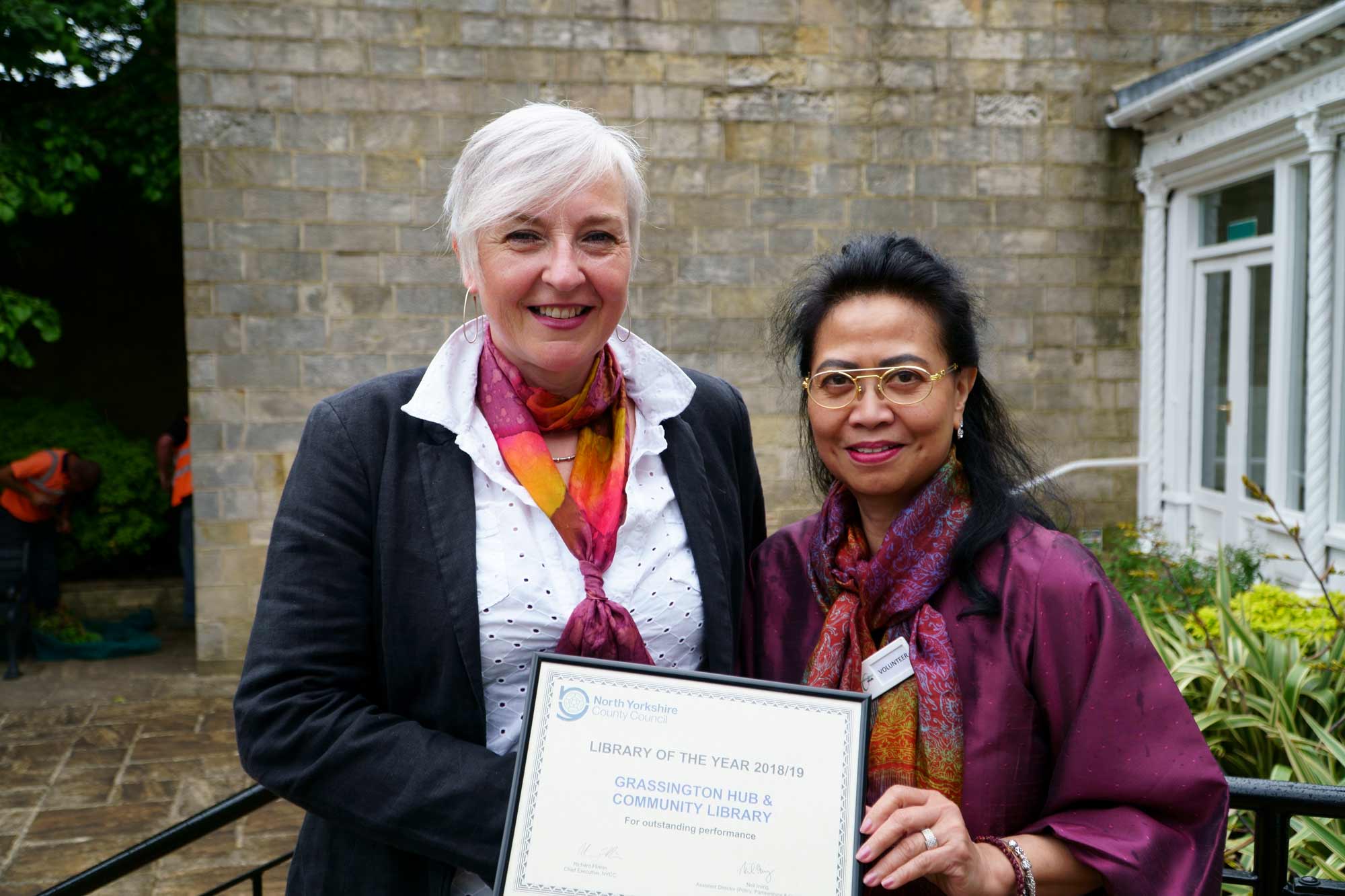 Grassington Hub and Community Library was awarded the library of the year with Ingrid Baggaley and Elshinta Marsden