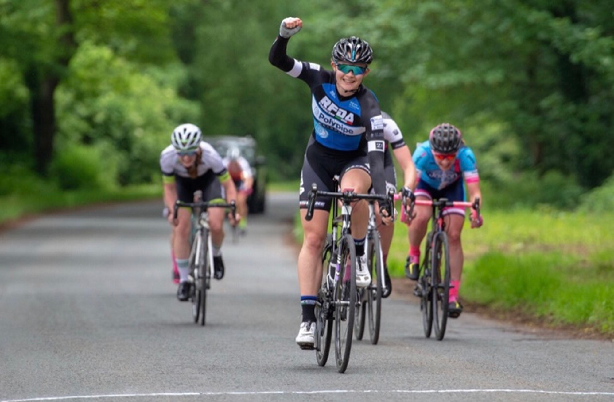 Abi crosses the line in first place in the Yorkshire Road Race Championships, which also incorporated the North-East and North West regions AN exceptionally talented 17-year-old Ripon Grammar School student blew the competition away at a prestigious regional cycling championships