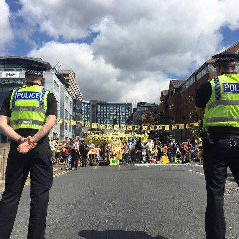 Extinction Rebellion activists in Leeds install boat on Victoria Bridge