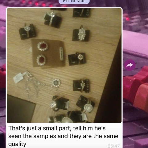 A WhatsApp message sent by Okumu which showed him to be in possession of the jewellery