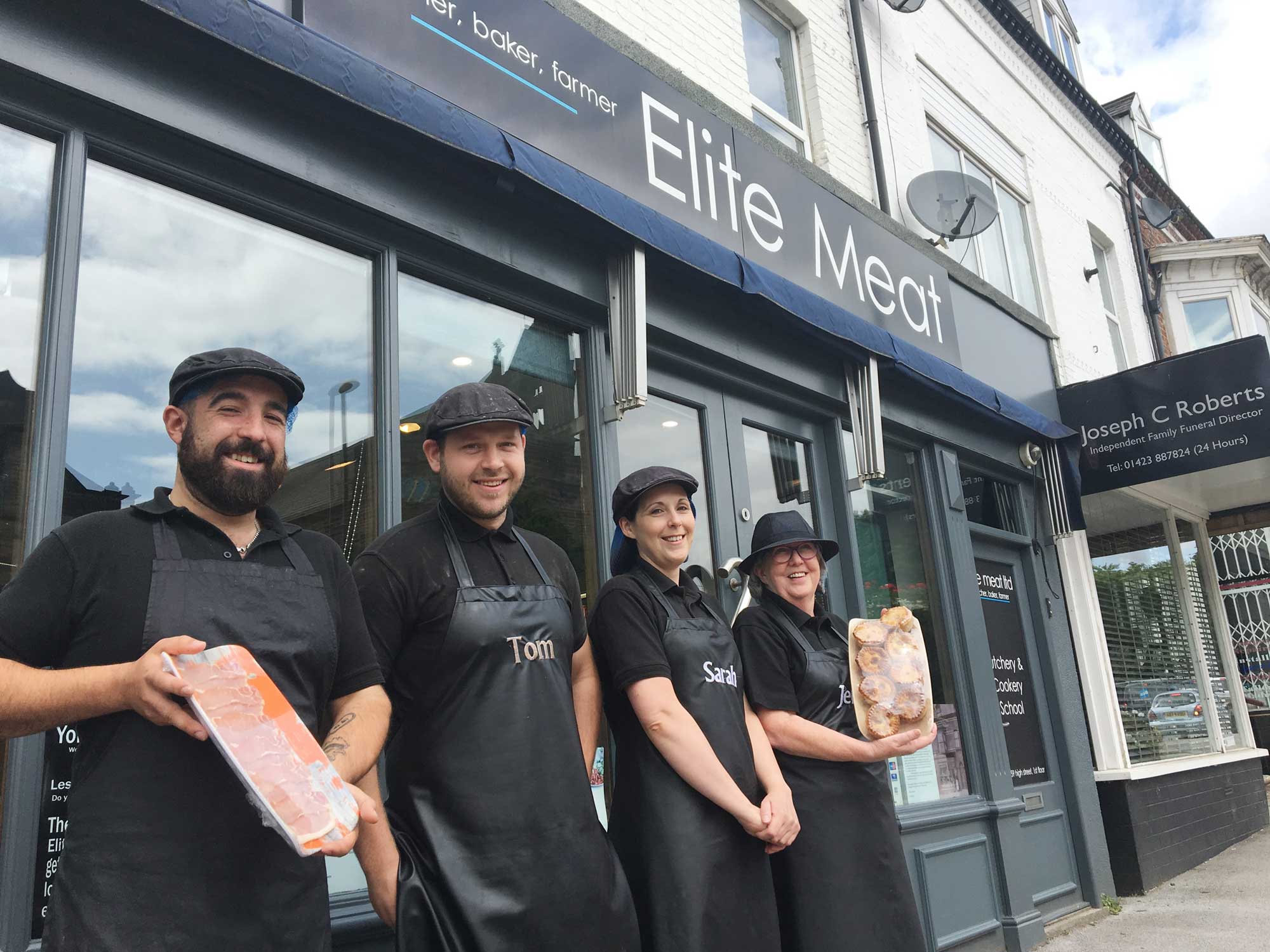 Members of the butchery brigade are pictured outside Elite Meat’s Starbeck premises, voted the Best Family-Run Butchers in the UK, with the shop’s two Great Taste Awards 2-star products