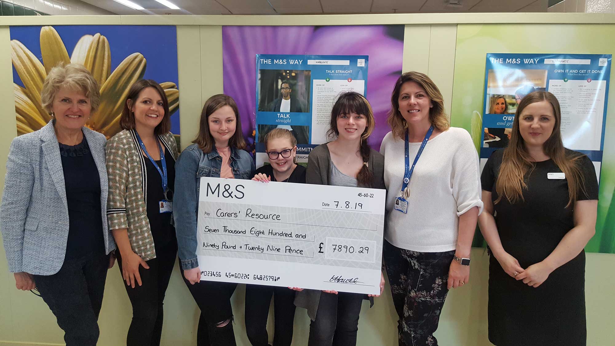 Anne Wells, young carer worker Sarah Beard, young carers Madi, Amelia, Freya and Helen, and Holly Hawthorne, charity co-ordinator M&S Harrogate