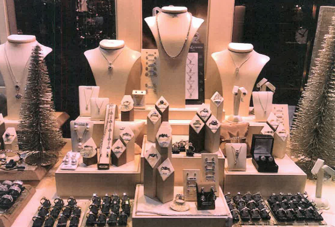 Some of the outstanding jewellery pictured in the shop’s window at Christmas