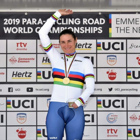 Dame Sarah Storey, who won the WC5 Individual Time Trial and Road Race at the 2019 UCI Para-Cycling Road World Championships in Emmen