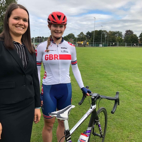 Abi Smith talking about juggling schoolwork with cycling plus pic of her with form tutor Mrs Rebecca Stevenson