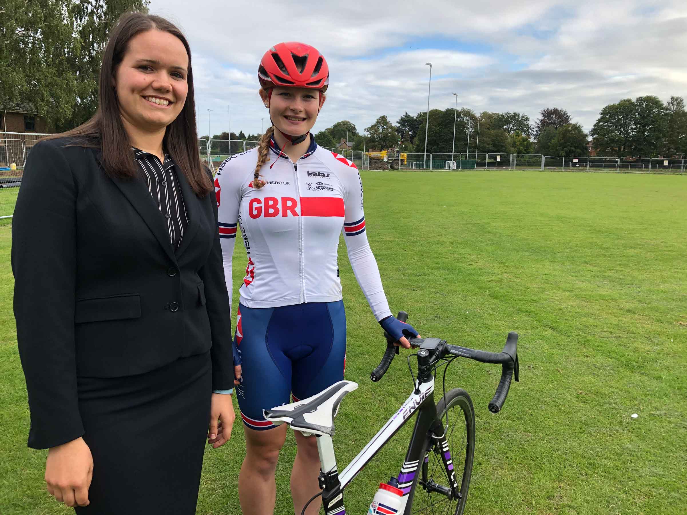 Abi Smith talking about juggling schoolwork with cycling plus pic of her with form tutor Mrs Rebecca Stevenson