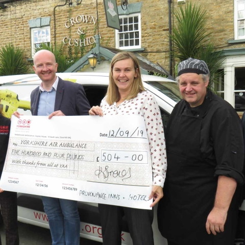 Presentation of the cheque at the Crown & Cushion, Welburn Left to right Olivia Mulligan – Yorkshire Air Ambulance Jason Wardill – Group Chef Provenance Inns & Hotels Karen French – Operations Director Provenance Inns & Hotels Justin Browning – Head Chef The Crown & Cushion Darren Noyland– General Manager The Crown & Cushion