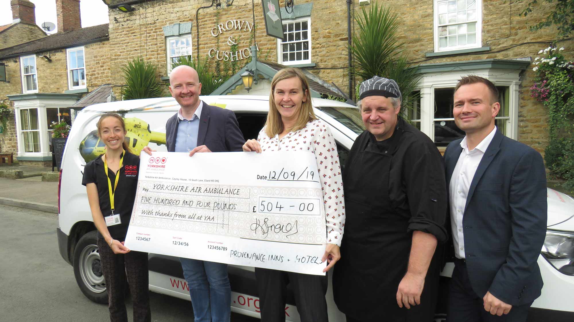Presentation of the cheque at the Crown & Cushion, Welburn Left to right Olivia Mulligan – Yorkshire Air Ambulance Jason Wardill – Group Chef Provenance Inns & Hotels Karen French – Operations Director Provenance Inns & Hotels Justin Browning – Head Chef The Crown & Cushion Darren Noyland– General Manager The Crown & Cushion