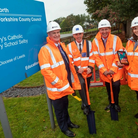 One of the first sites to benefit from the project is St Mary’s Primary School in Selby. Seeing the start of work are (from left): Graham Warren, NYnet Chief Operating Officer; Cllr Don Mackenzie, North Yorkshire’s Executive Member for Access; Chris Durkan, Chairman SCD Group; and Lorna Kennett, NYnet Project Support Officer