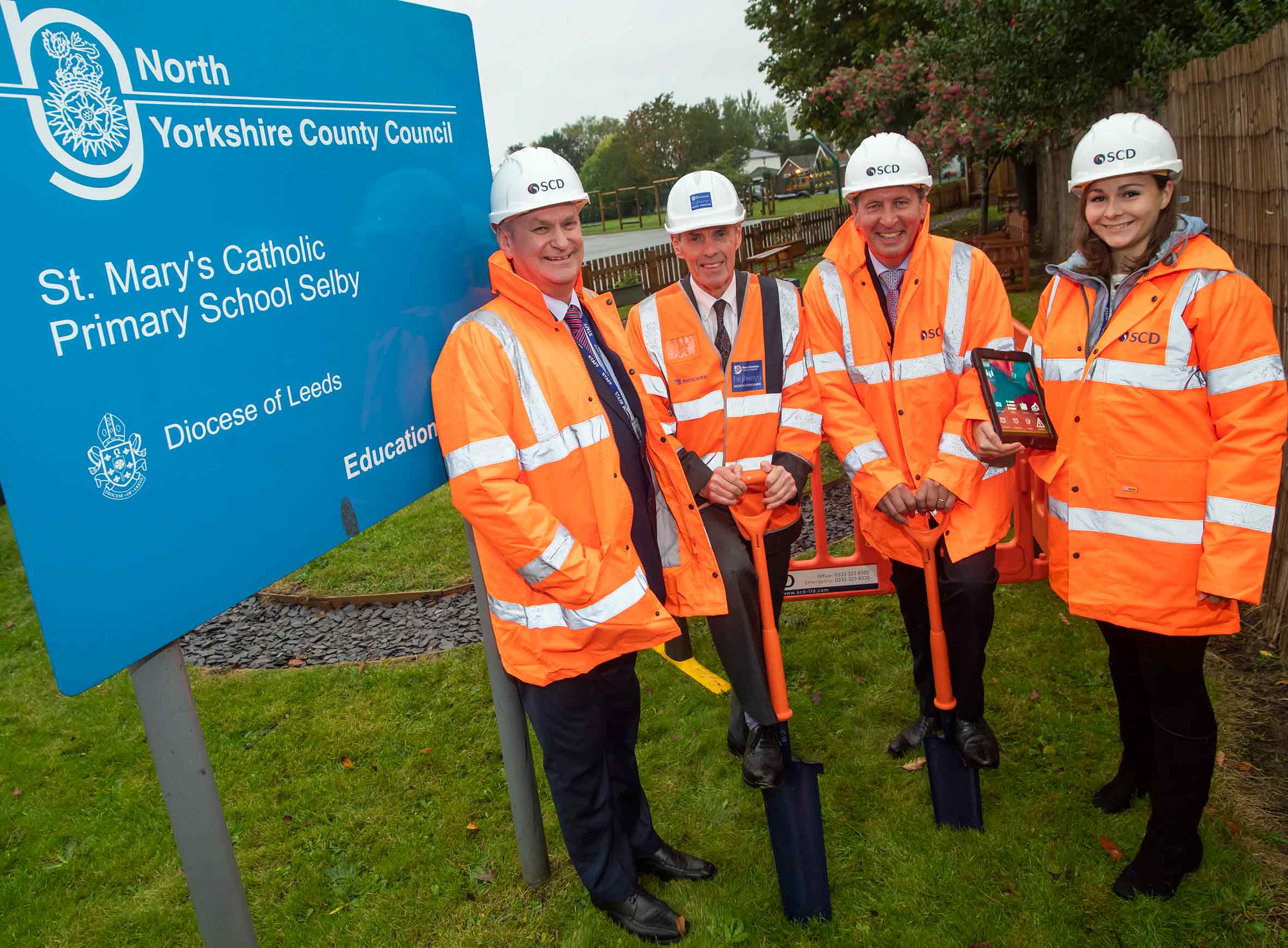 One of the first sites to benefit from the project is St Mary’s Primary School in Selby. Seeing the start of work are (from left): Graham Warren, NYnet Chief Operating Officer; Cllr Don Mackenzie, North Yorkshire’s Executive Member for Access; Chris Durkan, Chairman SCD Group; and Lorna Kennett, NYnet Project Support Officer
