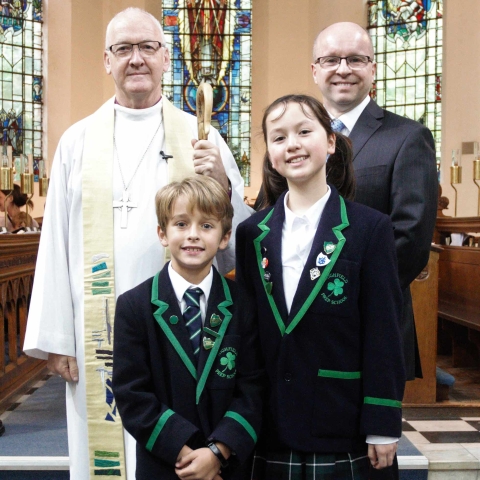 The Right Reverend Nick Baines, Bishop of Leeds; Head of Highfield, Mr James Savile; Head Boy, Hugo May and Head Girl, Reewa Bennett