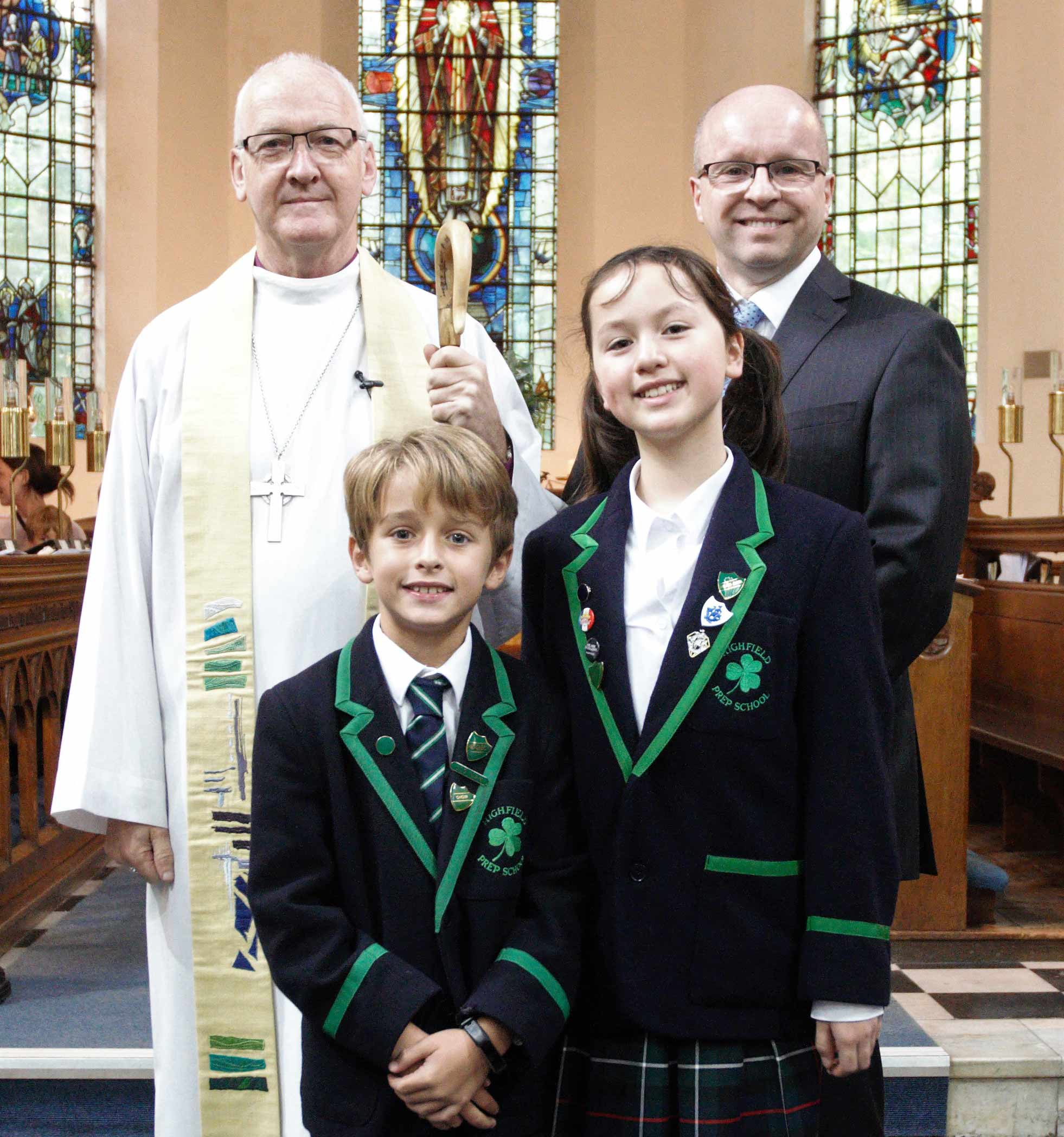 The Right Reverend Nick Baines, Bishop of Leeds; Head of Highfield, Mr James Savile; Head Boy, Hugo May and Head Girl, Reewa Bennett