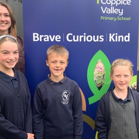 Coppice Valley Head Teacher Emma Meadus with Pupils of the School