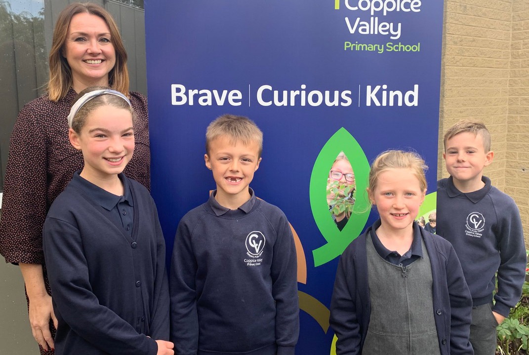 Coppice Valley Head Teacher Emma Meadus with Pupils of the School