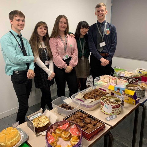 The Charity Prefects with some of the goodies at the Rossett School Bake Sale, from left: Oscar Reynolds, Aysha Chakir, Emilia Clipston, Miki Burt and Jack Moran