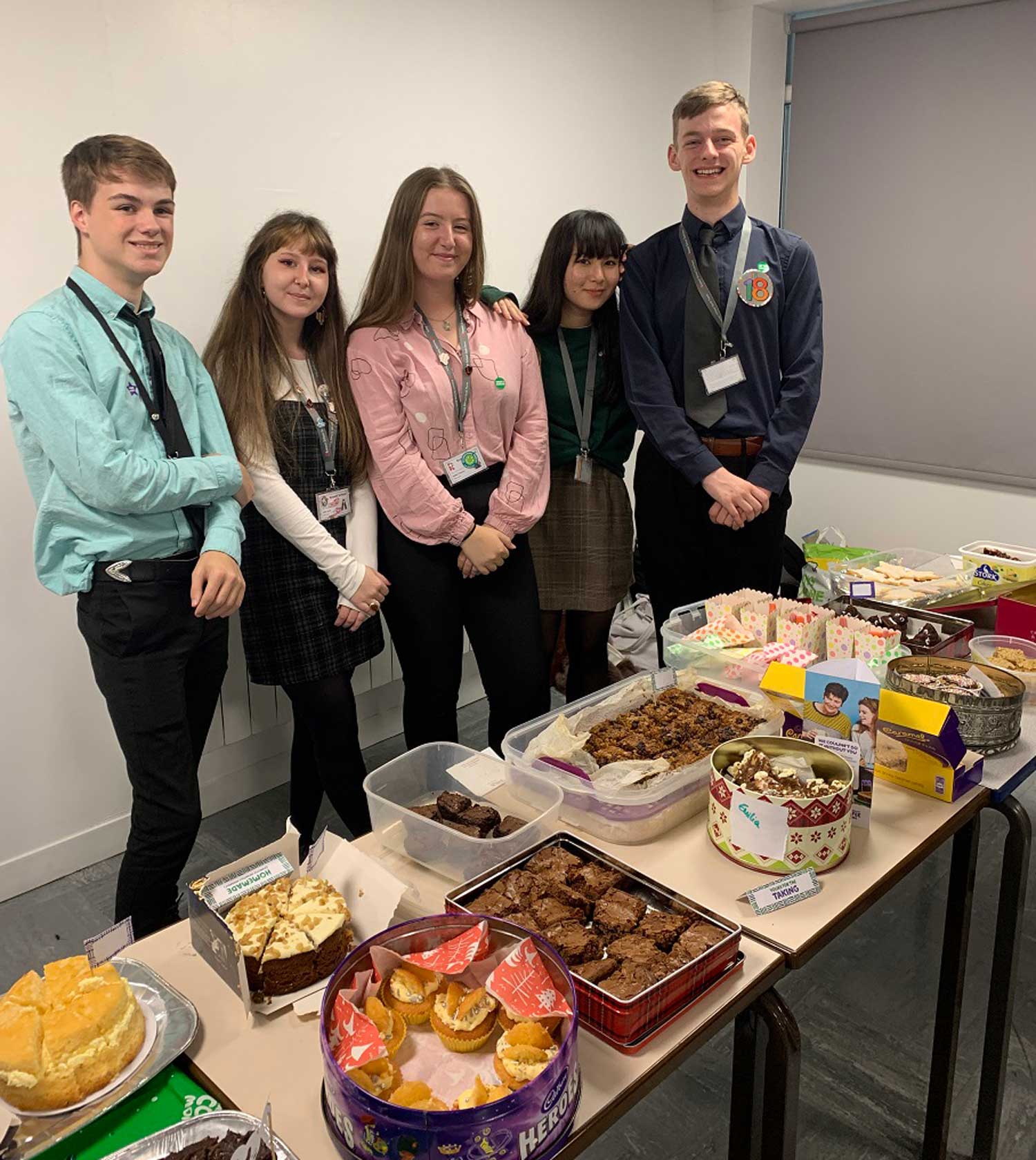 The Charity Prefects with some of the goodies at the Rossett School Bake Sale, from left: Oscar Reynolds, Aysha Chakir, Emilia Clipston, Miki Burt and Jack Moran