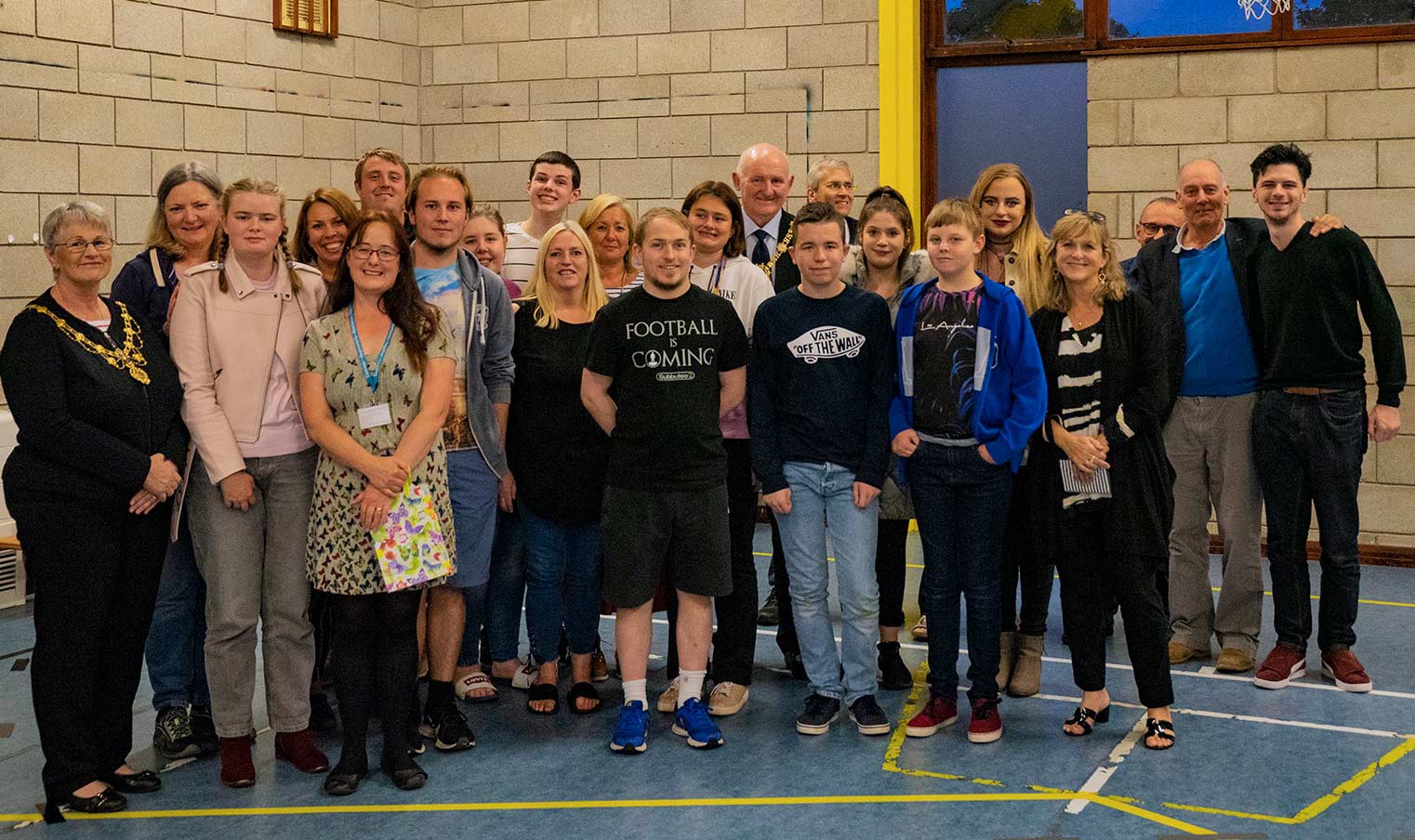 Group photo with The Mayor of Harrogate, Cllr Stuart Martin MBE and Mayoress with volunteers and past and current members of the youth club