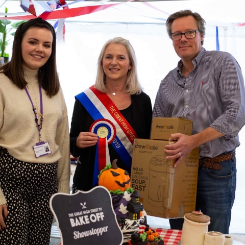 rom left to right - Brogan Woodward (Judge - Community & Challenge Fundraiser of Saint Michael’s), Sarah Steggell (Winner, VP PLC), Edward Chary (Judge - High Street TV's Retail Director).