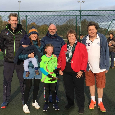 Matt McTurk (Head Coach), Sara Smith and Elyan, Freya Smith, Edward Smith, Sylvia Purser (Soroptimist Club President) and Steve Reffitt (Chairman of Harrogate Spa Tennis Club