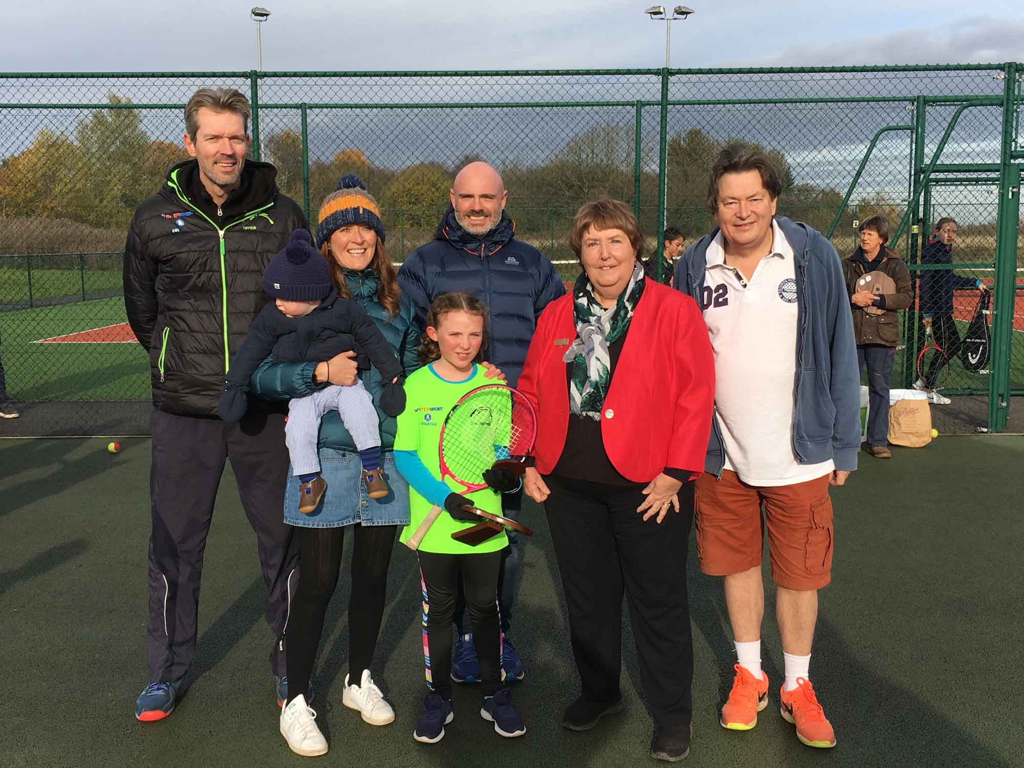 Matt McTurk (Head Coach), Sara Smith and Elyan, Freya Smith, Edward Smith, Sylvia Purser (Soroptimist Club President) and Steve Reffitt (Chairman of Harrogate Spa Tennis Club