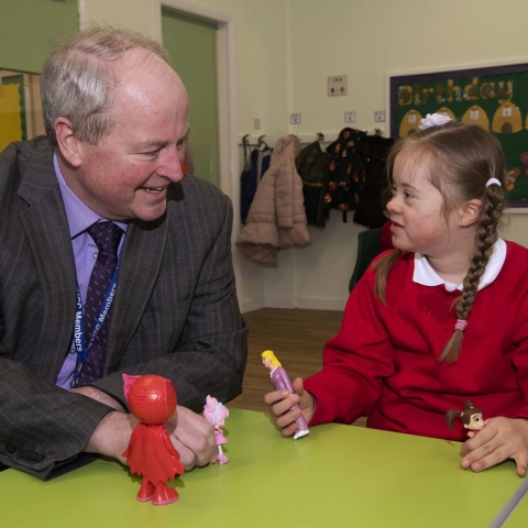 Cllr Patrick Mulligan with seven-year-old Molly Pottage in the new Ripon satellite site of Mowbray school