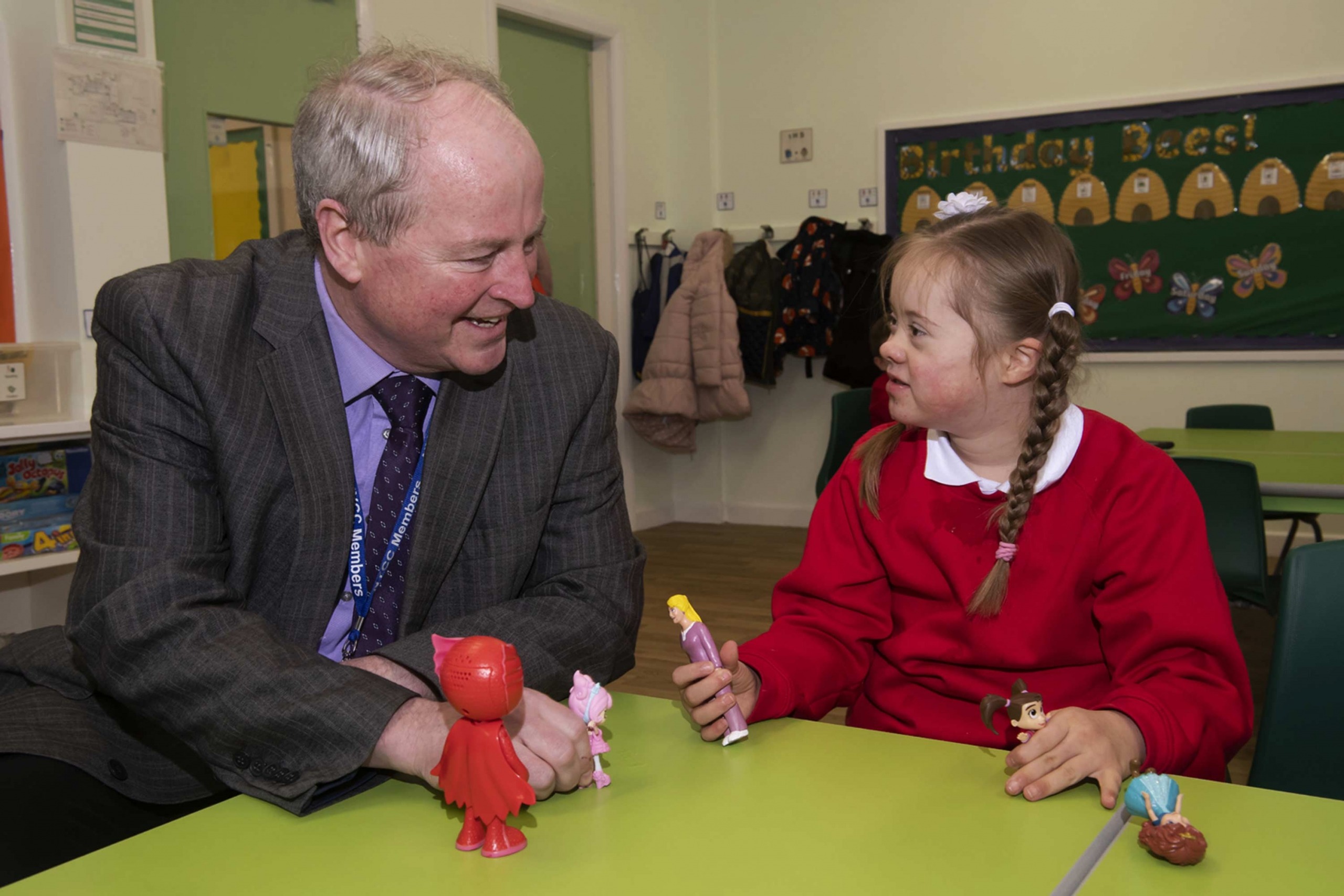 Cllr Patrick Mulligan with seven-year-old Molly Pottage in the new Ripon satellite site of Mowbray school