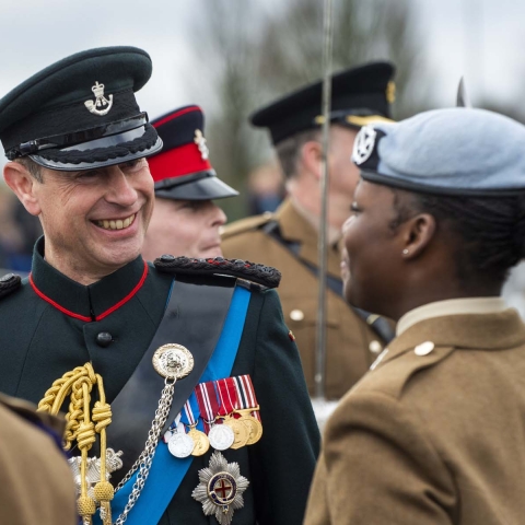HRH Prince Edward, The Earl of Wessex, inspects the Junior Soldiers accompanied by Lt. Col. Rich Hall, Commanding Officer of the College