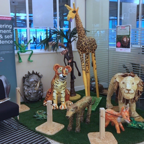 Henshaws Arts & Crafts animals fill the banking hall at Barclays in Harrogate